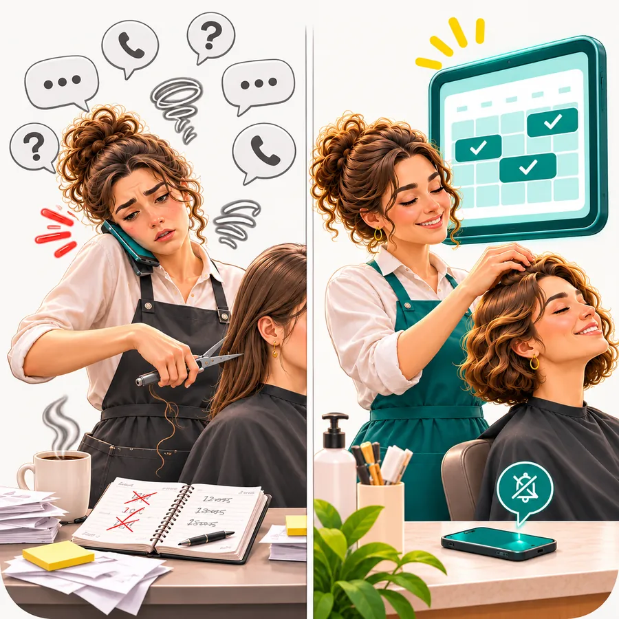 Before: calls and messages during work. After: bookings appear in the calendar by themselves